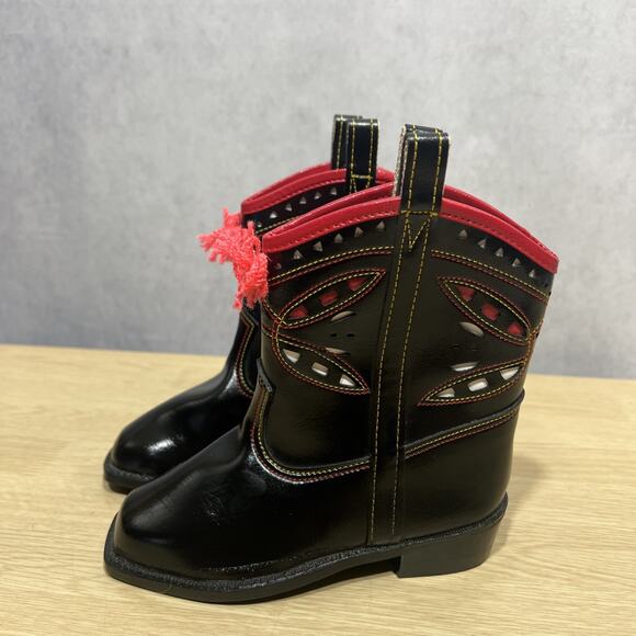 VTG 50's Toddler 7.5 Cowboy Boots by Texas Boot Co. Black Inlay Leather Flowers - Picture 4 of 10